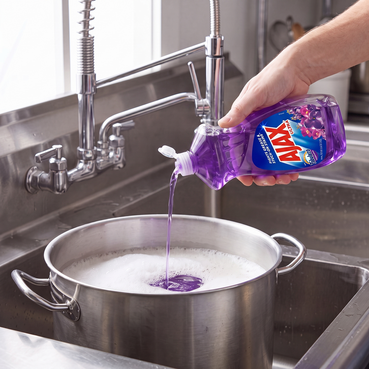 Ajax with Fabuloso Lavender dish liquid being poured from the 12.4 oz. bottle into a stainless steel stock pot in a commercial sink