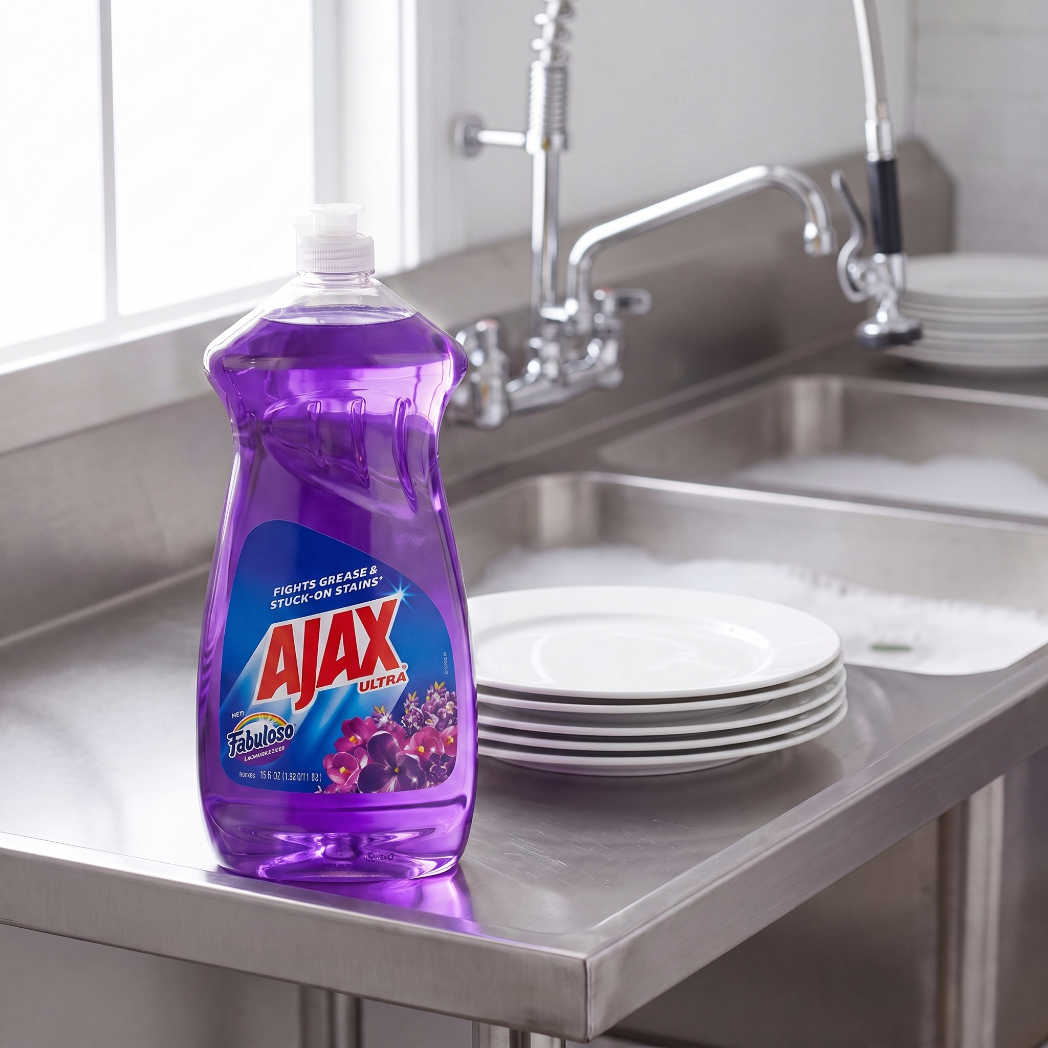 Ajax with Fabuloso Lavender dish liquid 12.4 oz. bottle on the drainboard of a stainless steel commercial kitchen sink