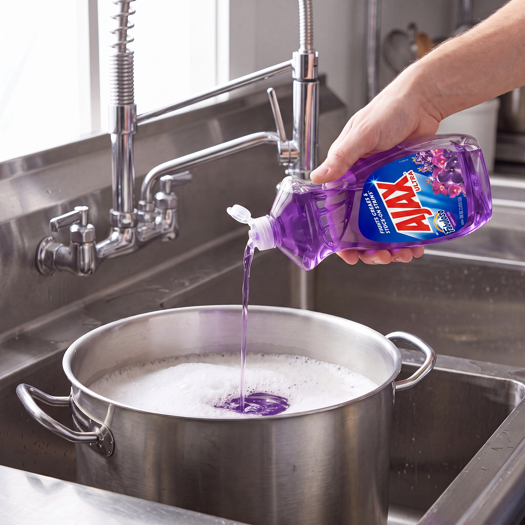 Ajax with Fabuloso Lavender dish liquid being poured from the 28 oz. bottle into a stainless steel stock pot in a commercial sink