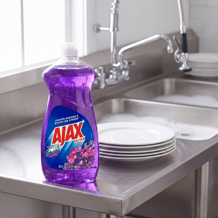 Ajax Ultra with Fabuloso Lavender dish liquid 28 oz. bottle on the drainboard of a stainless steel commercial kitchen sink
