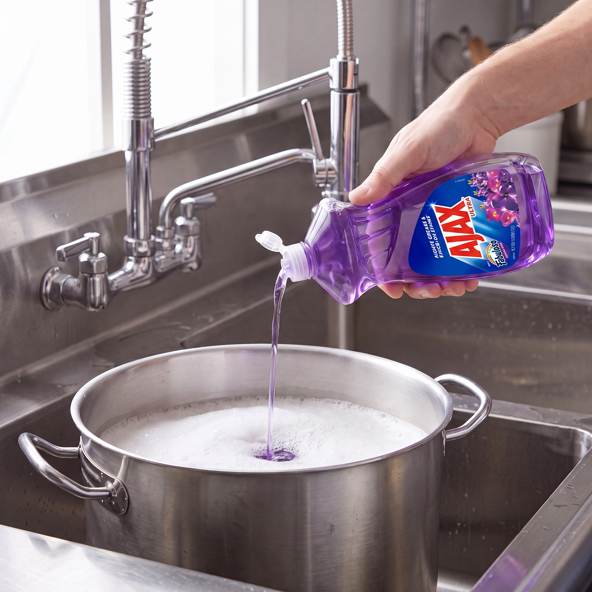 Ajax with Fabuloso Lavender dish liquid being poured from the 52 oz. bottle into a stainless steel stock pot in a commercial sink