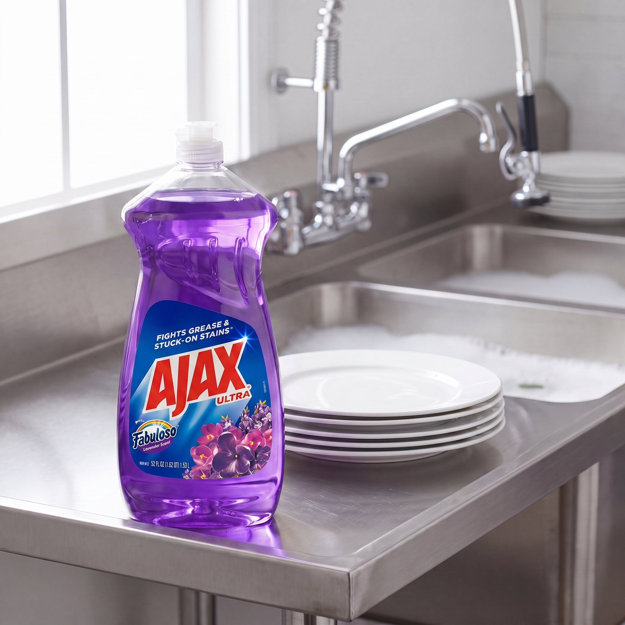 Ajax Ultra with Fabuloso Lavender dish liquid 52 oz. bottle on the drainboard of a stainless steel commercial kitchen sink
