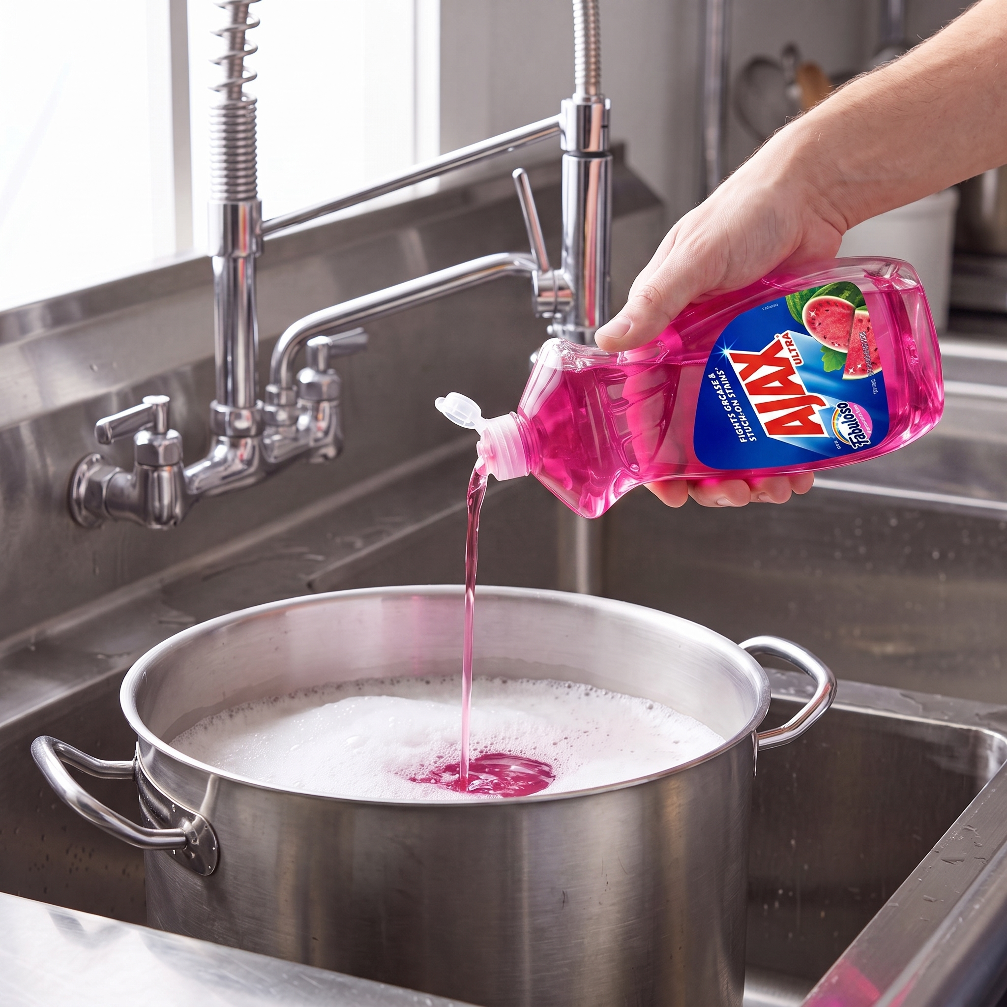 Ajax with Fabuloso Watermelon dish liquid being poured from the 12.4 oz. bottle into a stainless steel stock pot in a commercial sink