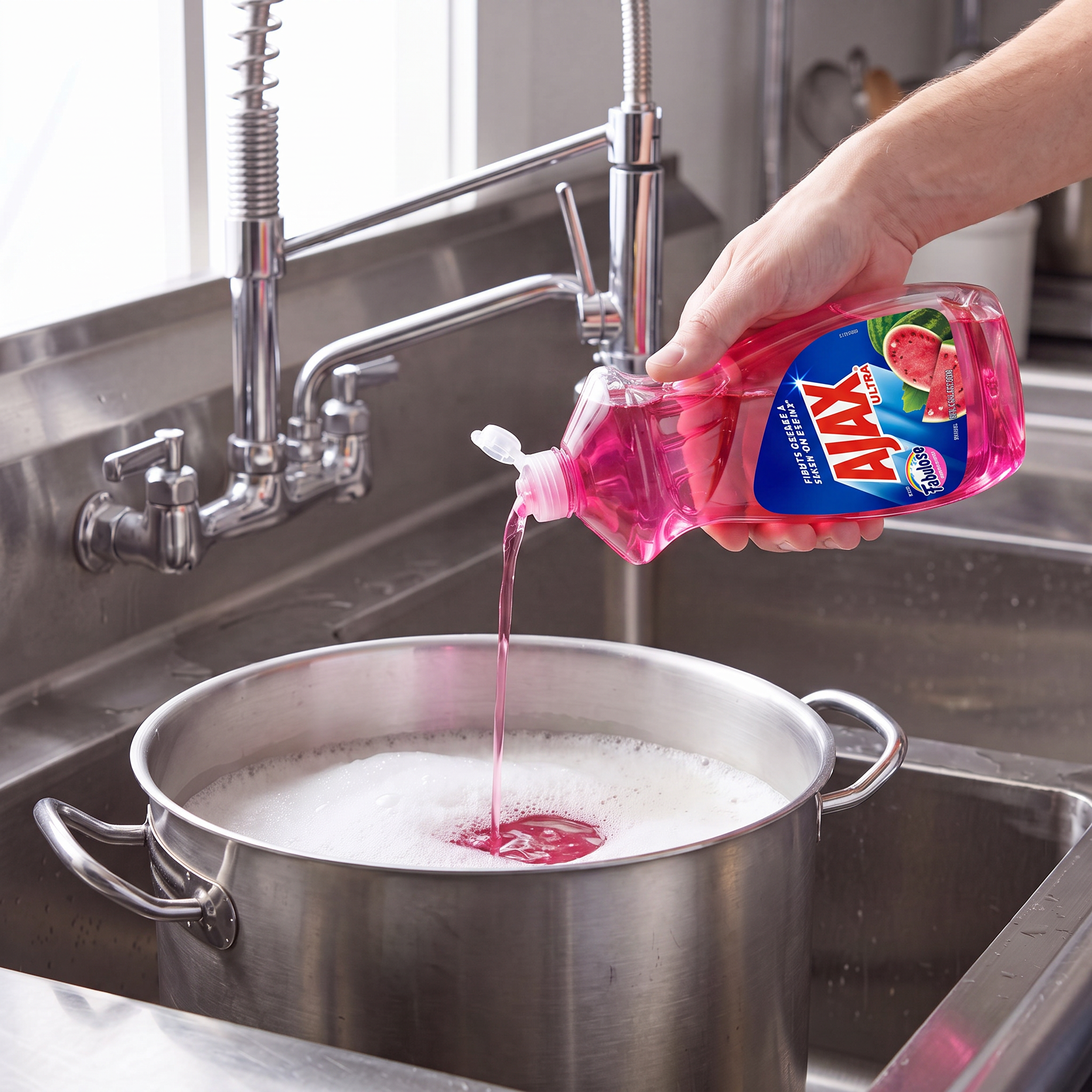 Ajax with Fabuloso Watermelon dish liquid being poured from the 52 oz. bottle into a stainless steel stock pot in a commercial sink