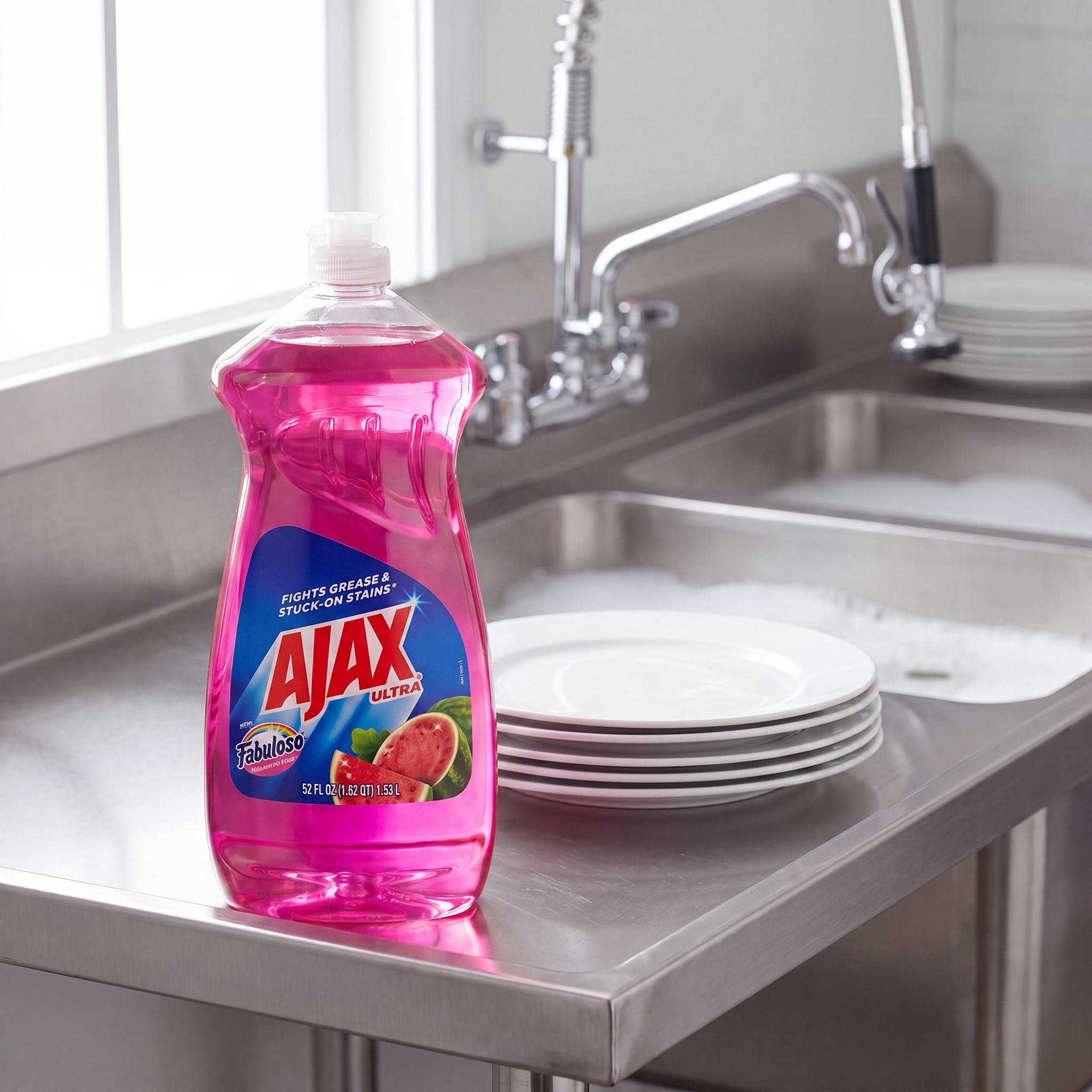 Ajax Ultra with Fabuloso Watermelon dish liquid 52 oz. bottle on the drainboard of a stainless steel commercial kitchen sink