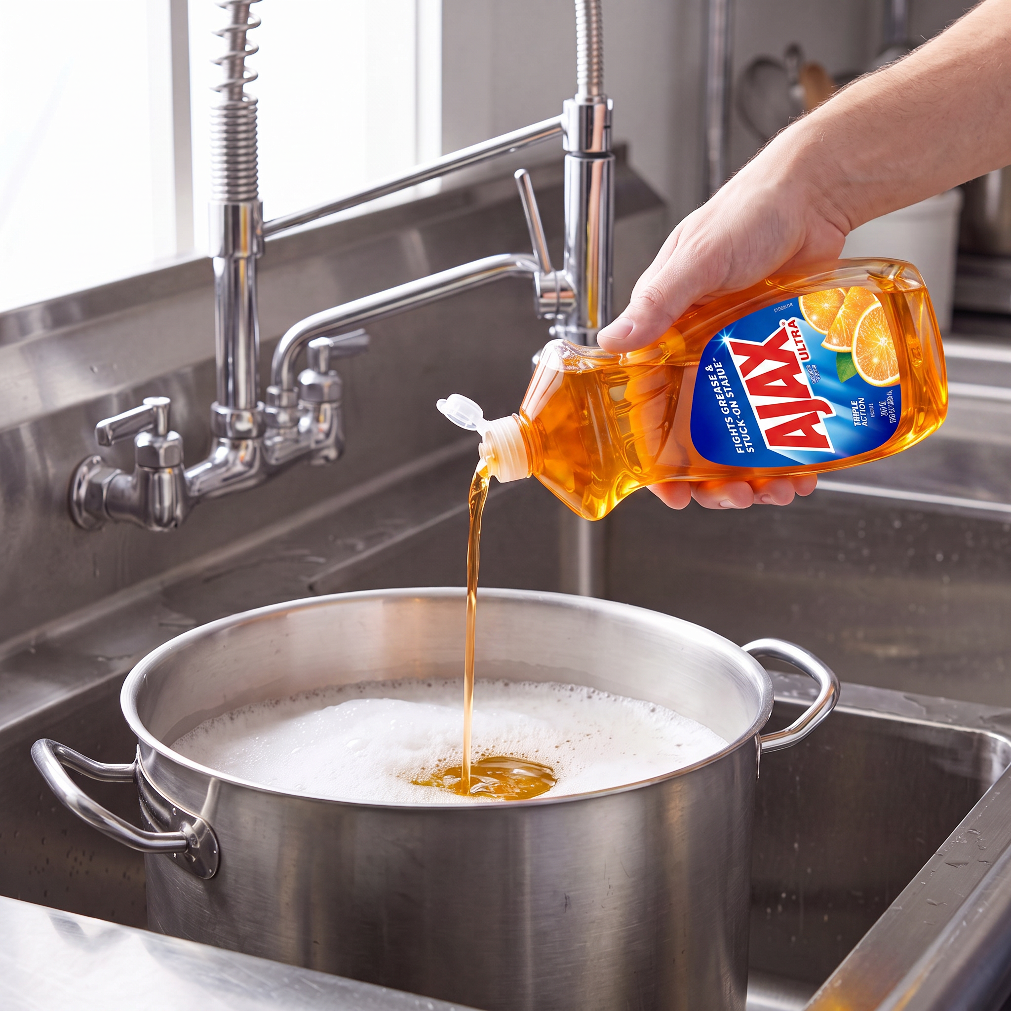 Ajax Ultra Triple Action Orange dish liquid being poured from the 145 oz. jug into a stainless steel stock pot in a commercial sink
