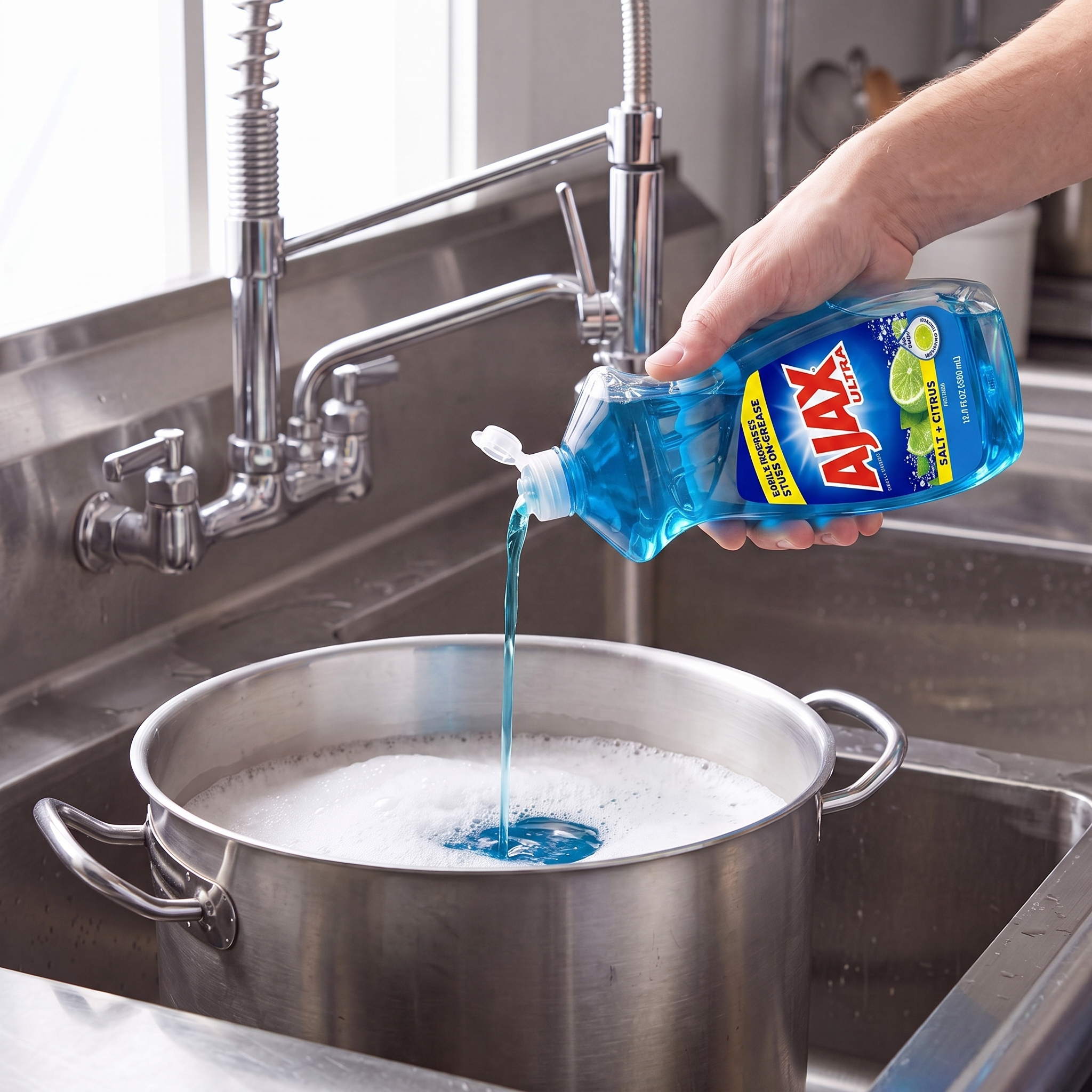 Ajax Salt and Citrus dish liquid being poured from the 12.4 oz. bottle into a stainless steel stock pot in a commercial sink
