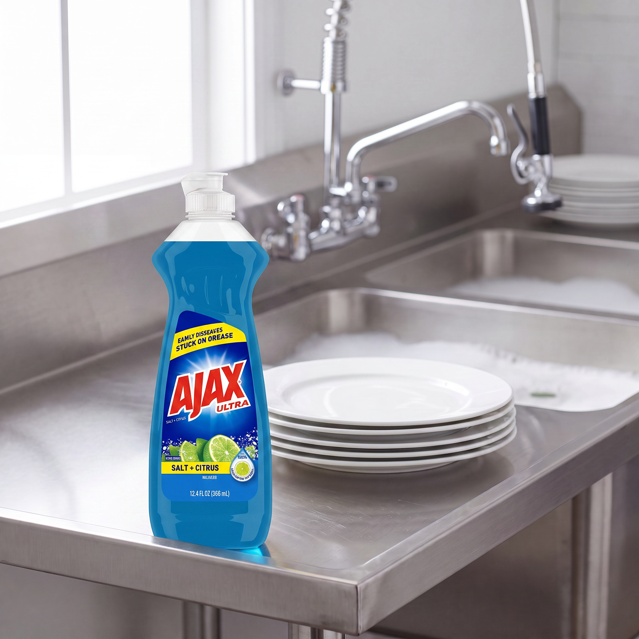 Ajax Ultra Salt and Citrus dish liquid 12.4 oz. bottle on the drainboard of a stainless steel commercial kitchen sink