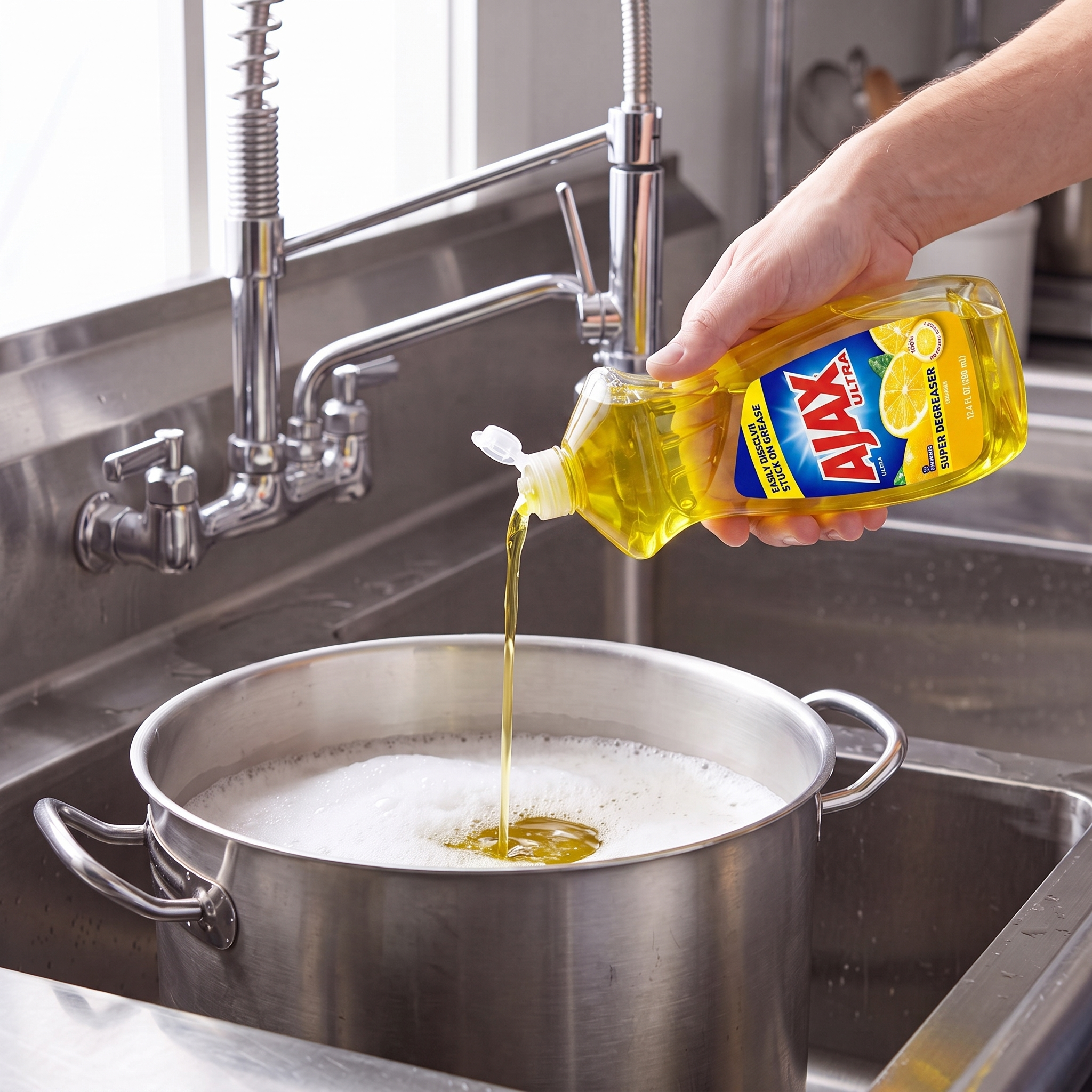 Ajax Lemon dish liquid being poured from the 12.4 oz. bottle into a stainless steel stock pot in a commercial sink