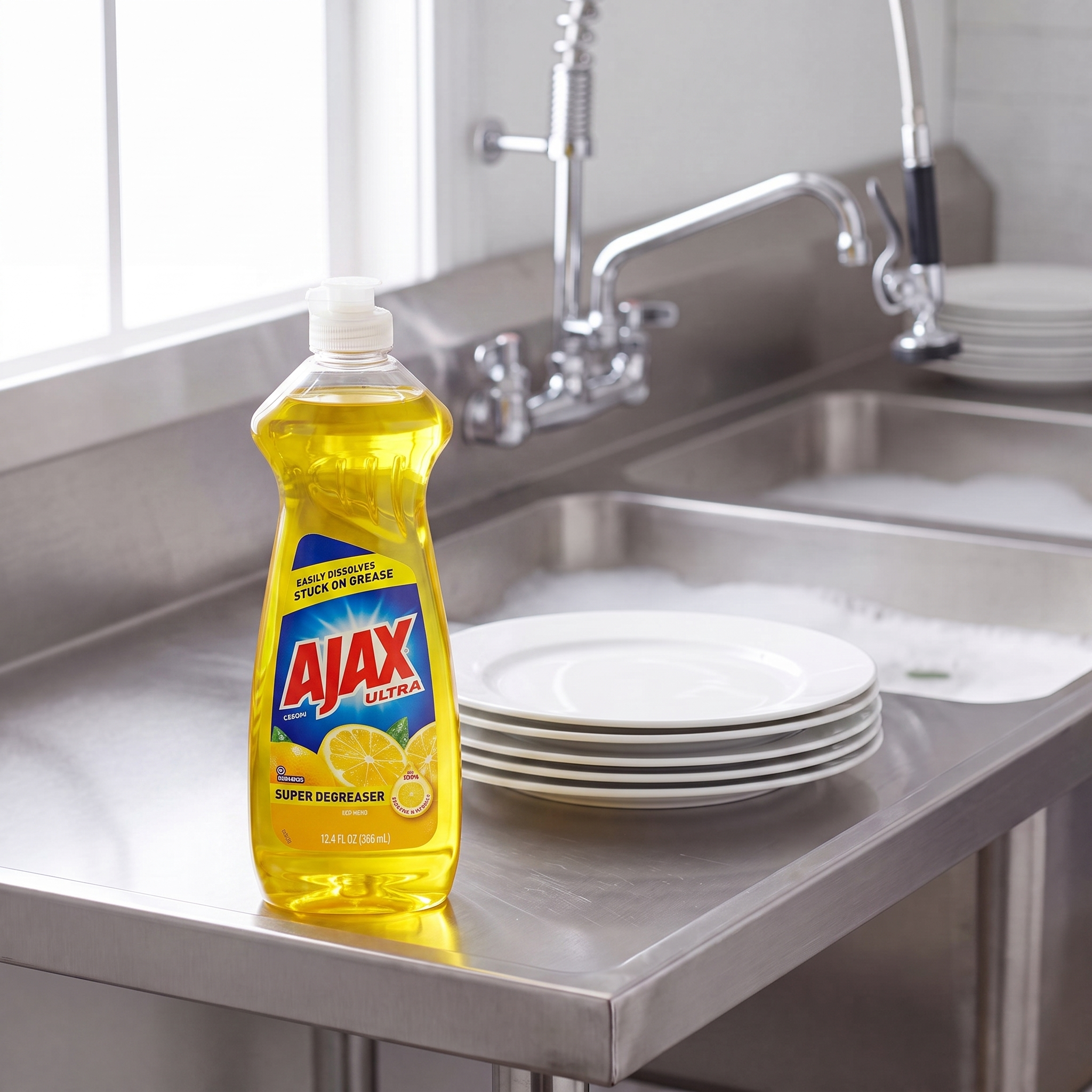 Ajax Ultra Super Degreaser Lemon dish liquid 12.4 oz. bottle on the drainboard of a stainless steel commercial kitchen sink