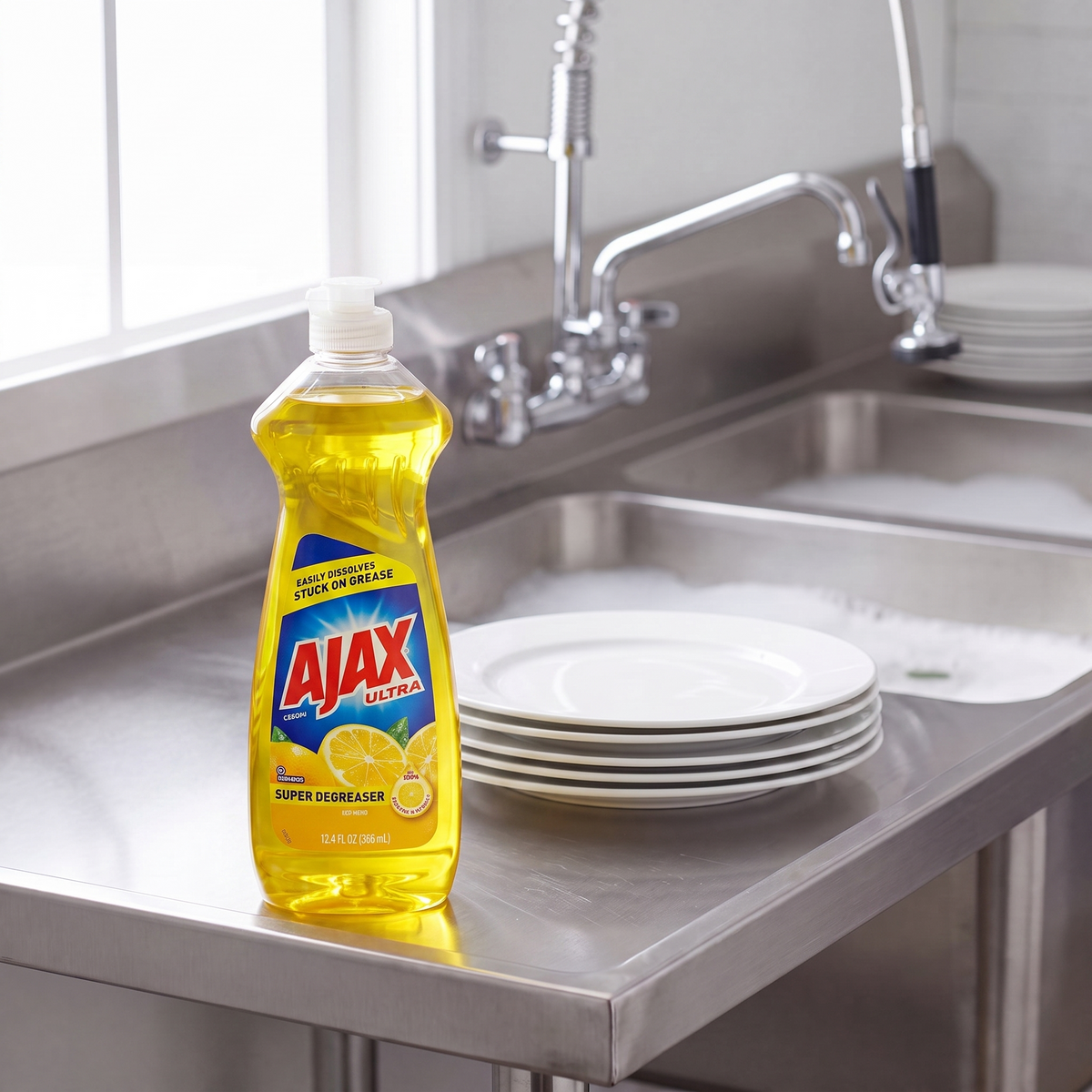Ajax Ultra Super Degreaser Lemon dish liquid 12.4 oz. bottle on the drainboard of a stainless steel commercial kitchen sink