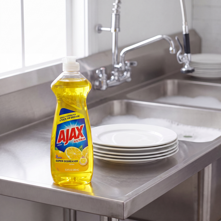 Ajax Ultra Super Degreaser Lemon dish liquid 12.4 oz. bottle on the drainboard of a stainless steel commercial kitchen sink