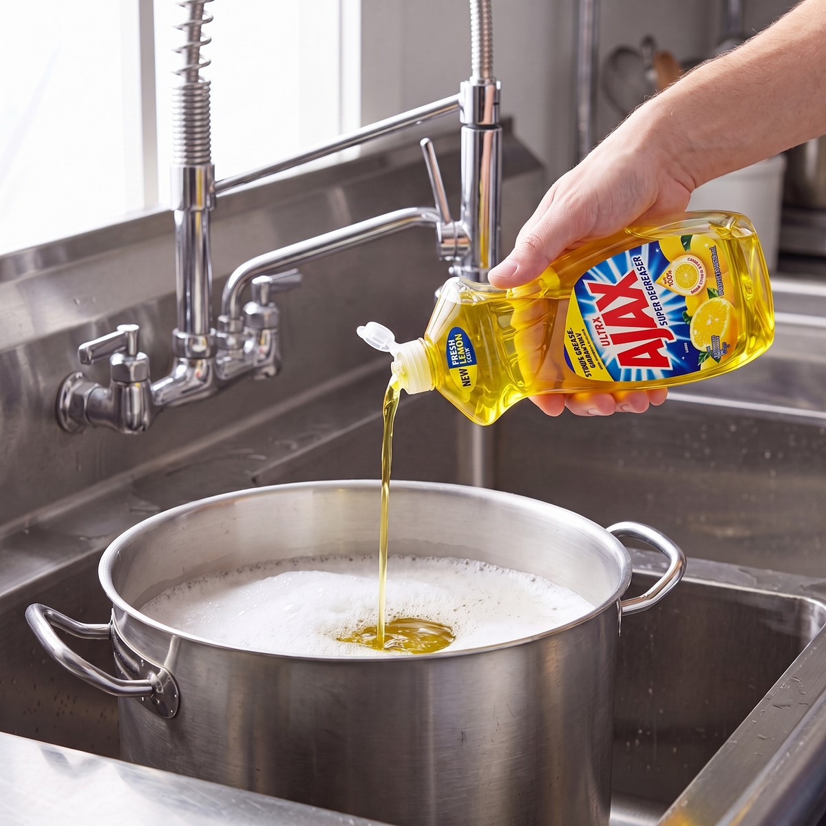 Ajax Lemon dish liquid being poured from the 28 oz. bottle into a stainless steel stock pot in a commercial sink