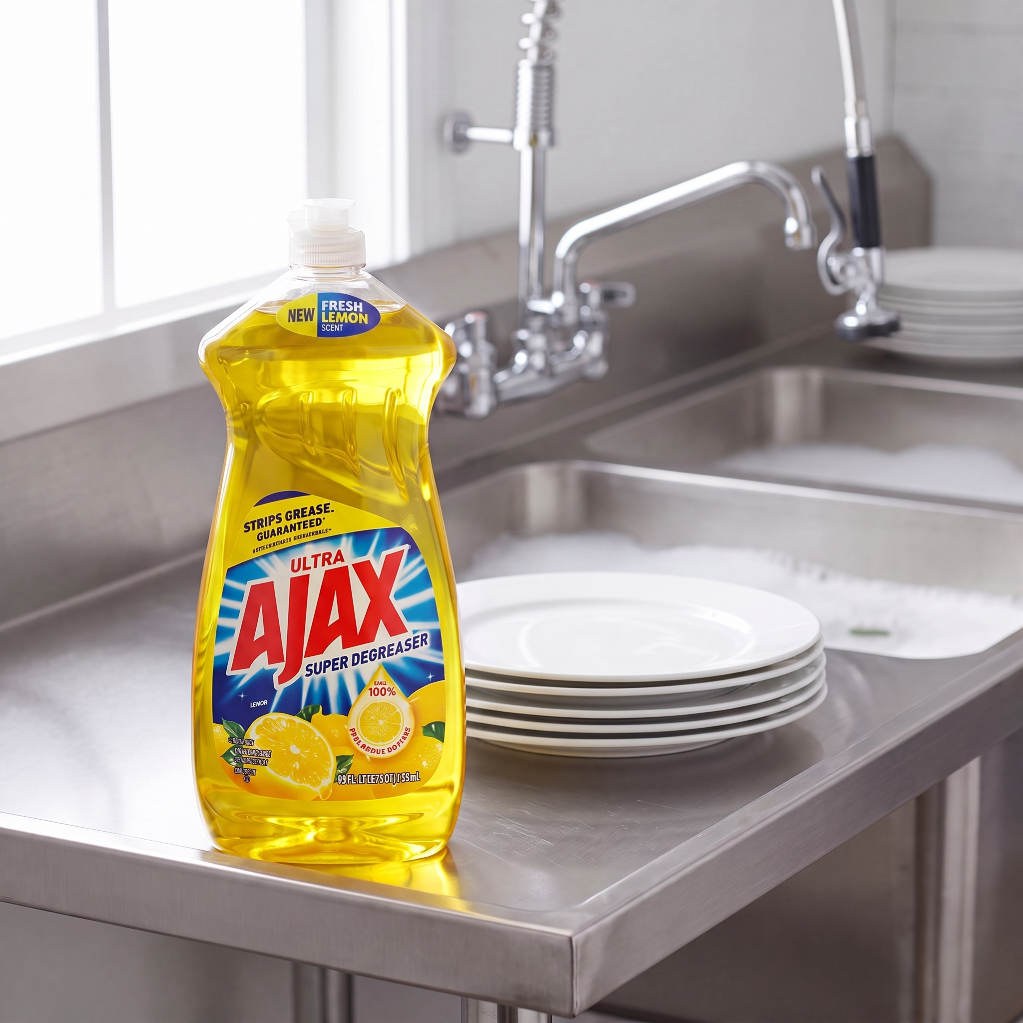 Ajax Ultra Super Degreaser Lemon dish liquid 28 oz. bottle on the drainboard of a stainless steel commercial kitchen sink