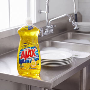 Ajax Ultra Super Degreaser Lemon dish liquid 28 oz. bottle on the drainboard of a stainless steel commercial kitchen sink
