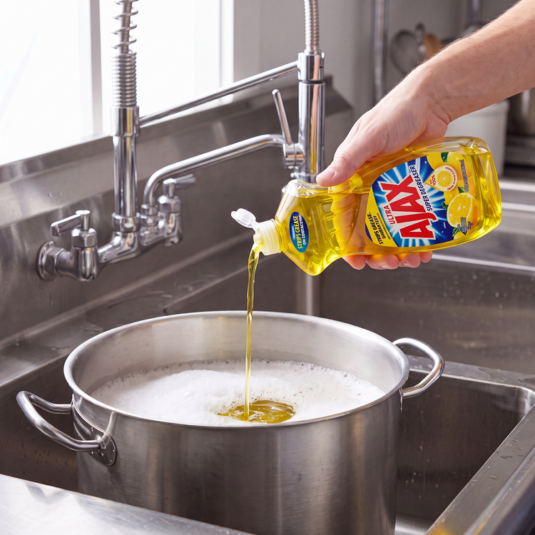 Ajax Lemon dish liquid being poured from the 52 oz. bottle into a stainless steel stock pot in a commercial sink