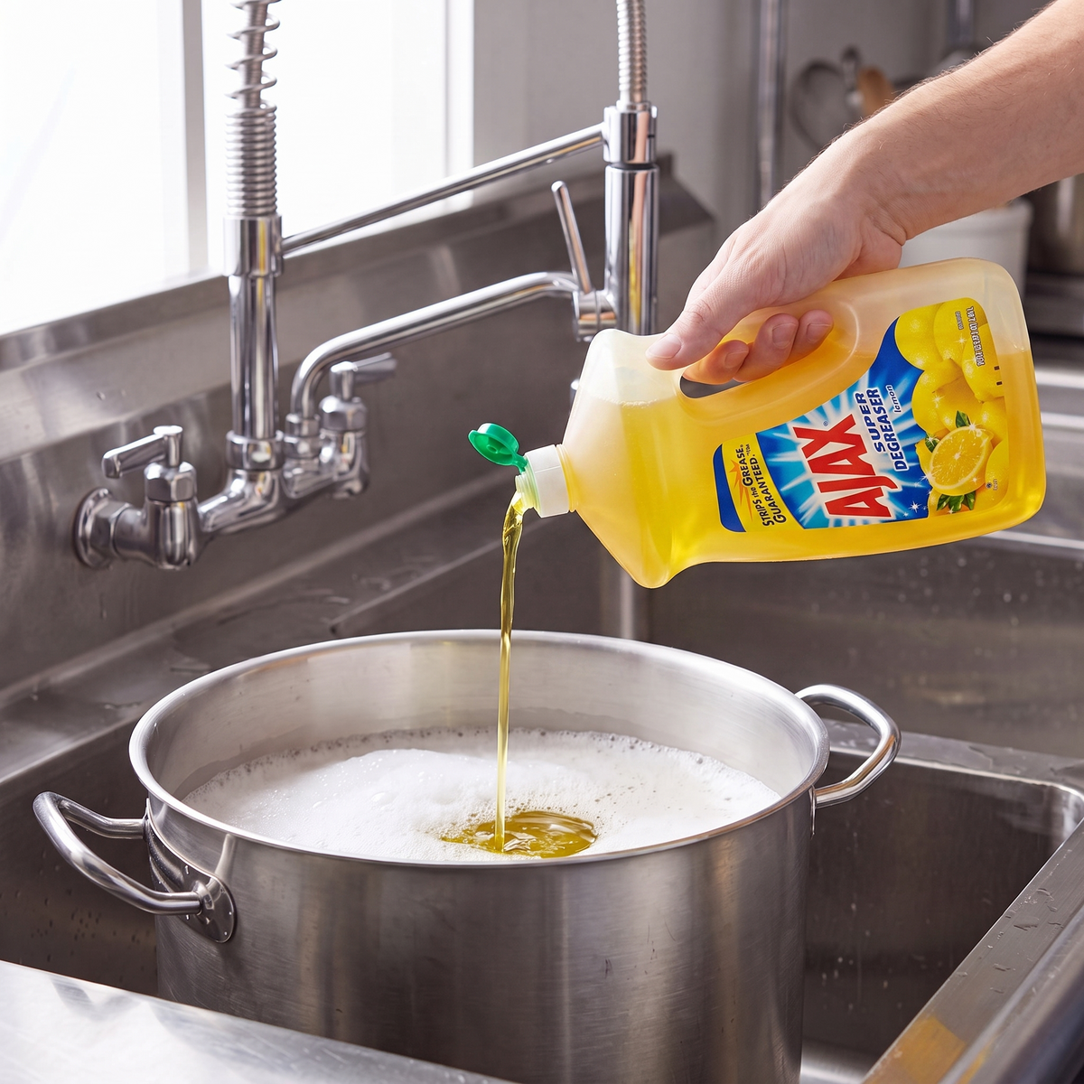 Ajax Lemon dish liquid being poured from the 90 oz. bottle into a stainless steel stock pot in a commercial sink
