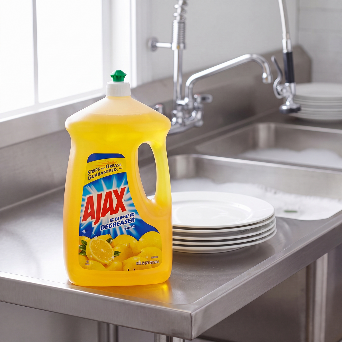 Ajax Ultra Super Degreaser Lemon dish liquid 90 oz. bottle on the drainboard of a stainless steel commercial kitchen sink