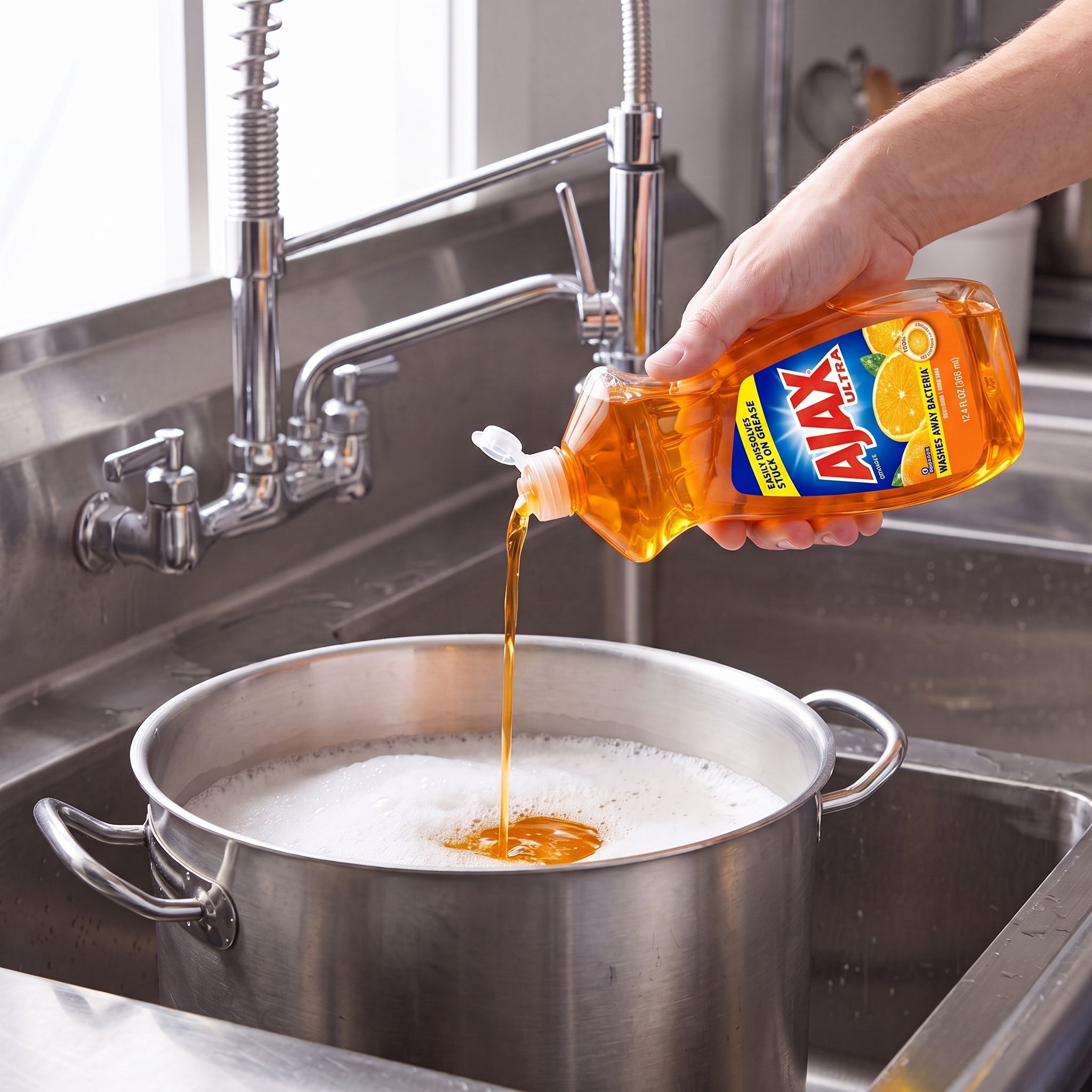 Ajax Orange dish liquid being poured from the 12.4 oz. bottle into a stainless steel stock pot in a commercial sink