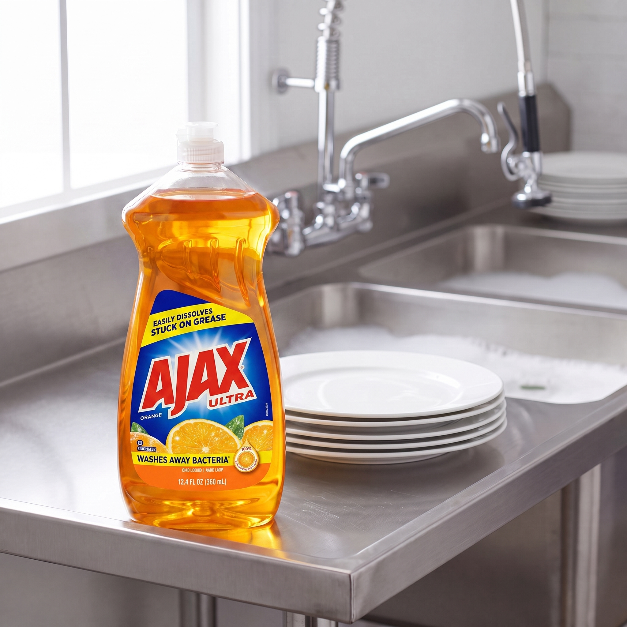 Ajax Ultra Triple Action Orange dish liquid 12.4 oz. bottle on the drainboard of a stainless steel commercial kitchen sink