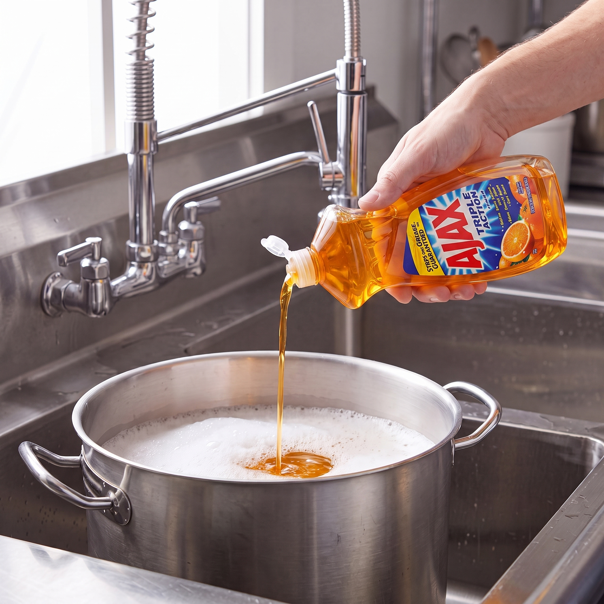 Ajax Orange dish liquid being poured from the 14 oz. bottle into a stainless steel stock pot in a commercial sink