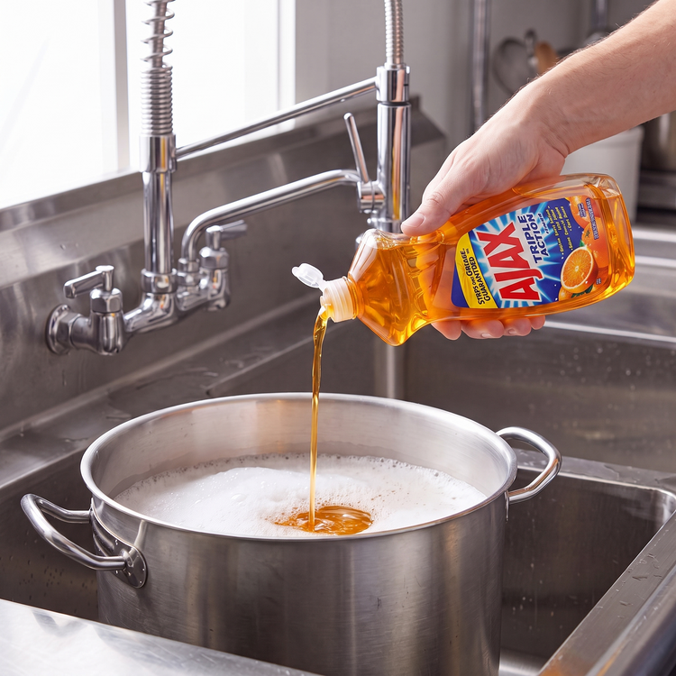 Ajax Orange dish liquid being poured from the 14 oz. bottle into a stainless steel stock pot in a commercial sink
