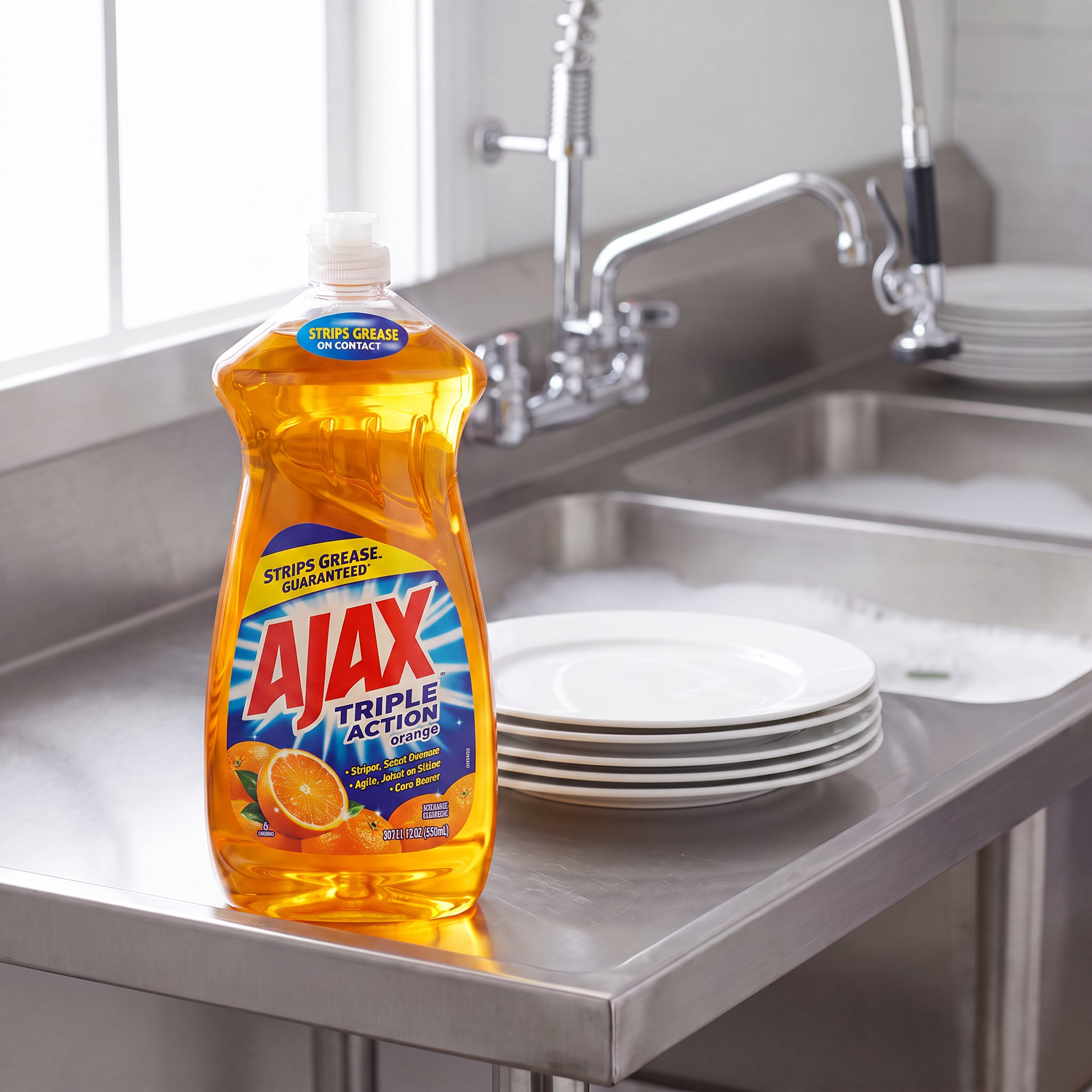 Ajax Ultra Triple Action Orange dish liquid 14 oz. bottle on the drainboard of a stainless steel commercial kitchen sink