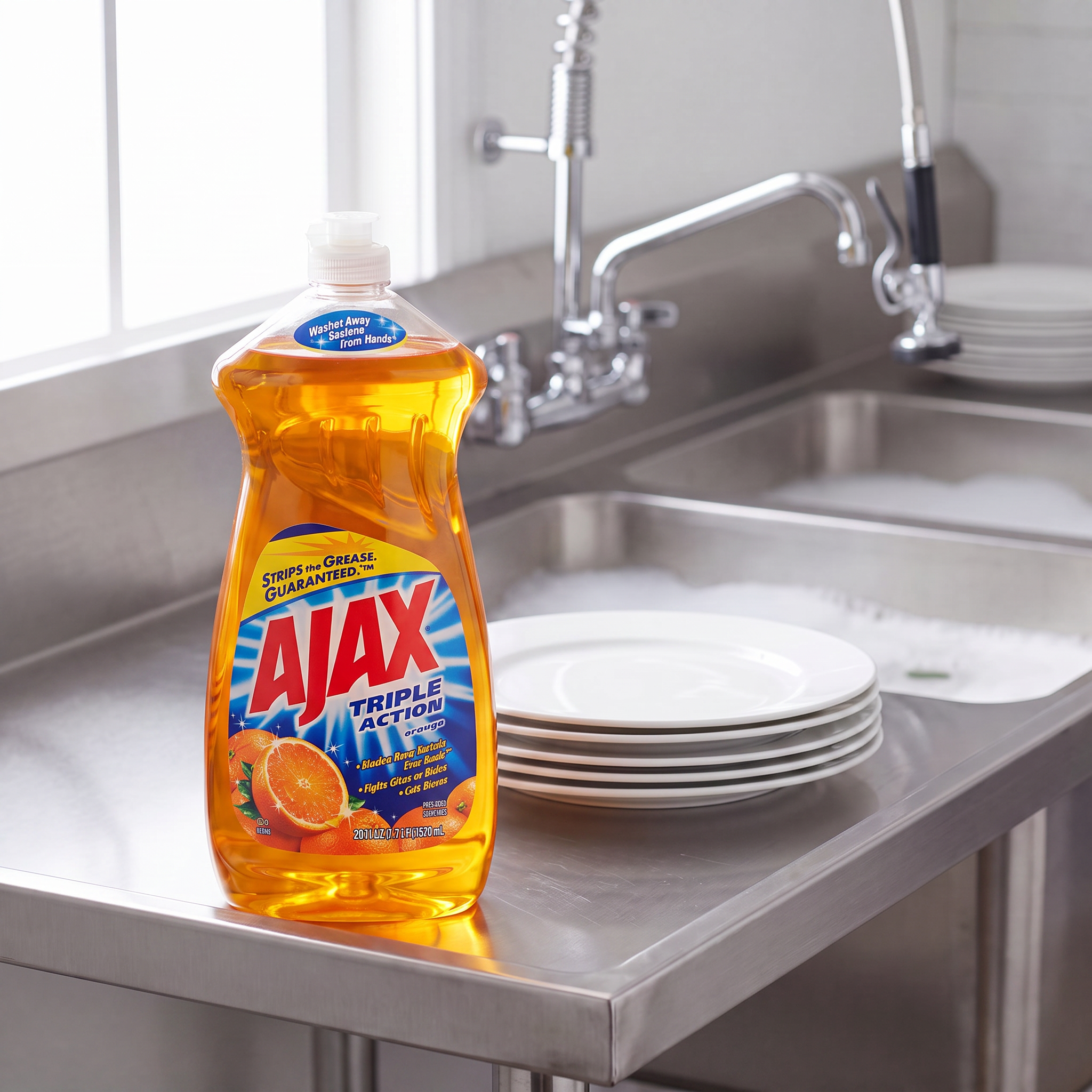 Ajax Ultra Triple Action Orange dish liquid 28 oz. bottle on the drainboard of a stainless steel commercial kitchen sink