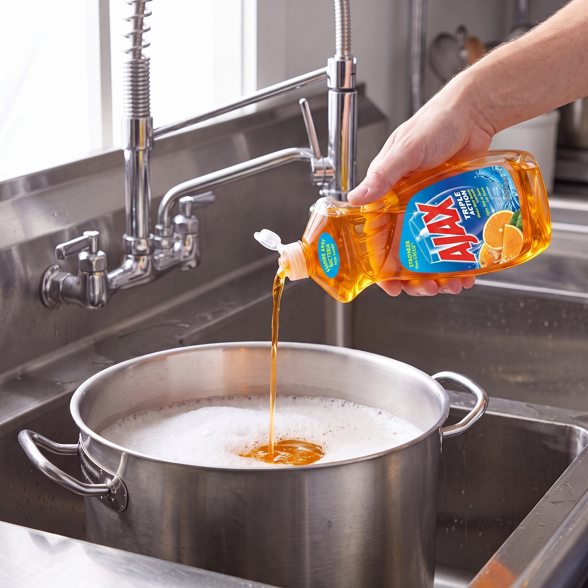 Ajax Orange dish liquid being poured from the 52 oz. bottle into a stainless steel stock pot in a commercial sink