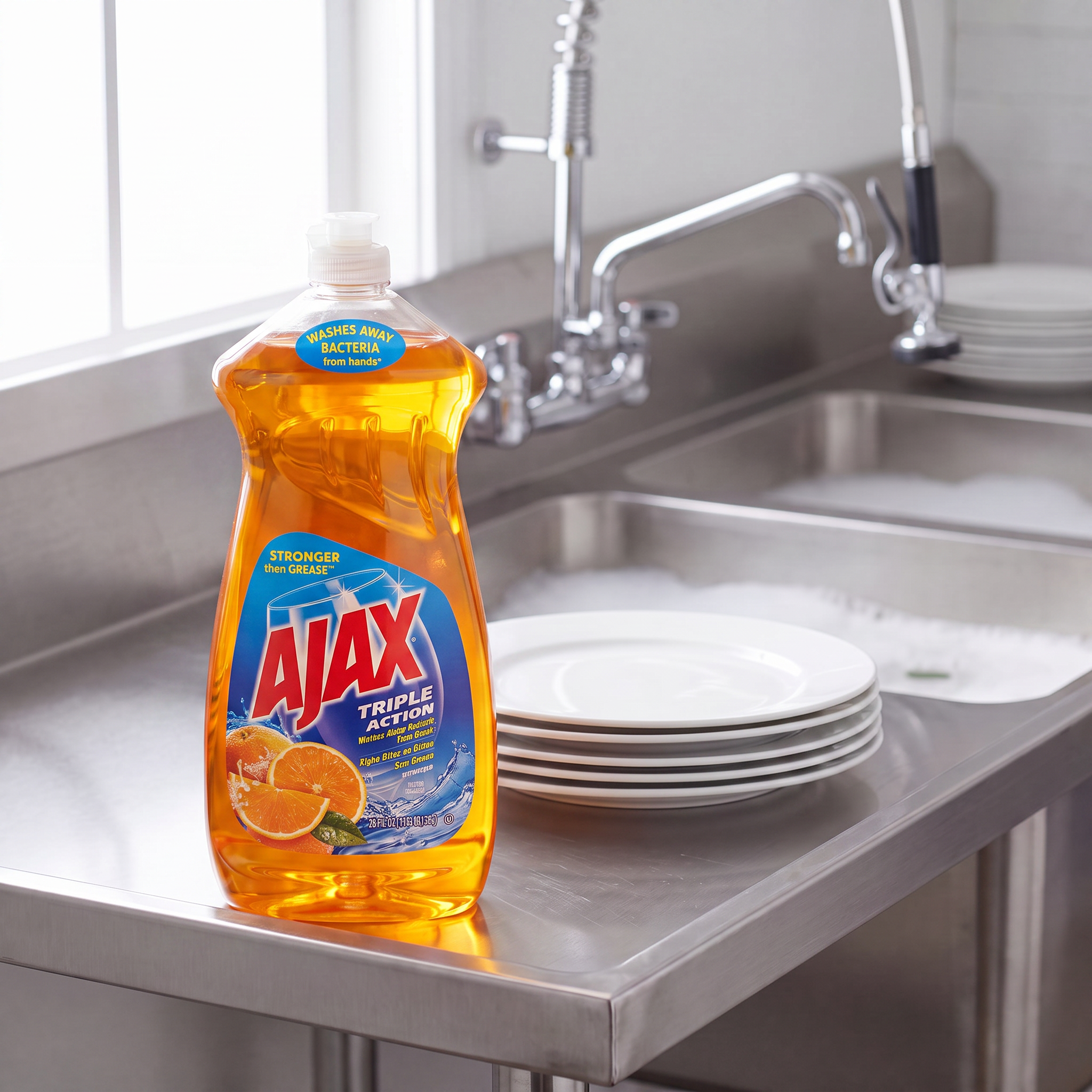 Ajax Ultra Triple Action Orange dish liquid 52 oz. bottle on the drainboard of a stainless steel commercial kitchen sink