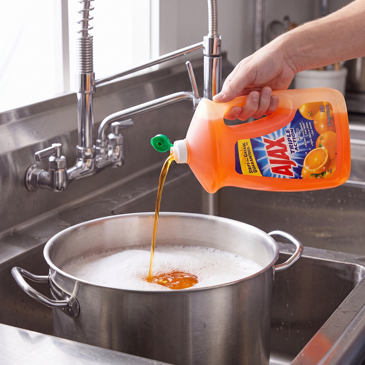 Ajax Orange dish liquid being poured from the 90 oz. bottle into a stainless steel stock pot in a commercial sink