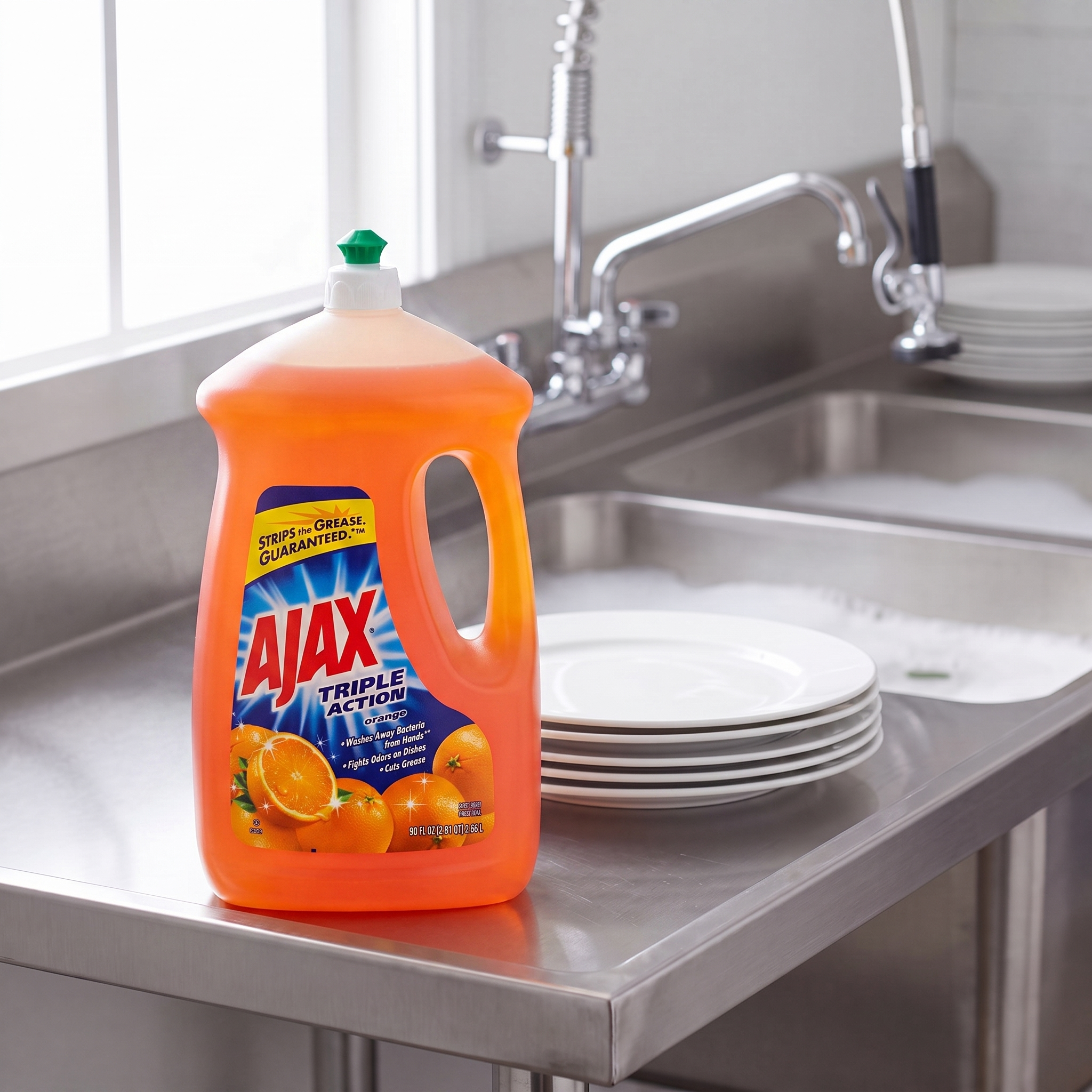 Ajax Ultra Triple Action Orange dish liquid 90 oz. bottle on the drainboard of a stainless steel commercial kitchen sink