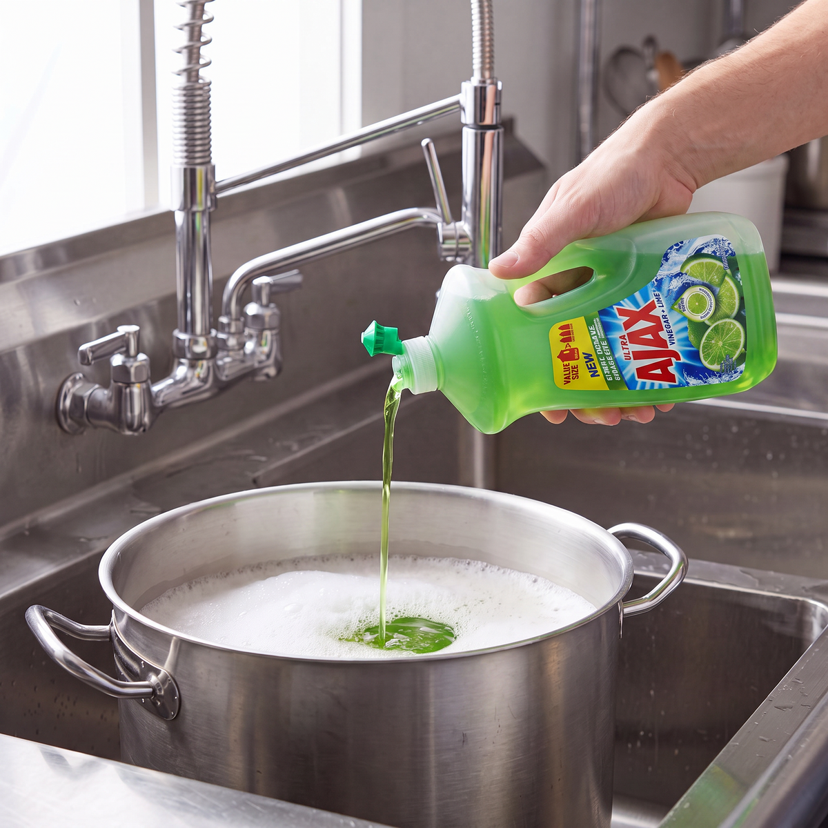 Ajax Vinegar and Lime dish liquid being poured from the 90 oz. bottle into a stainless steel stock pot in a commercial sink