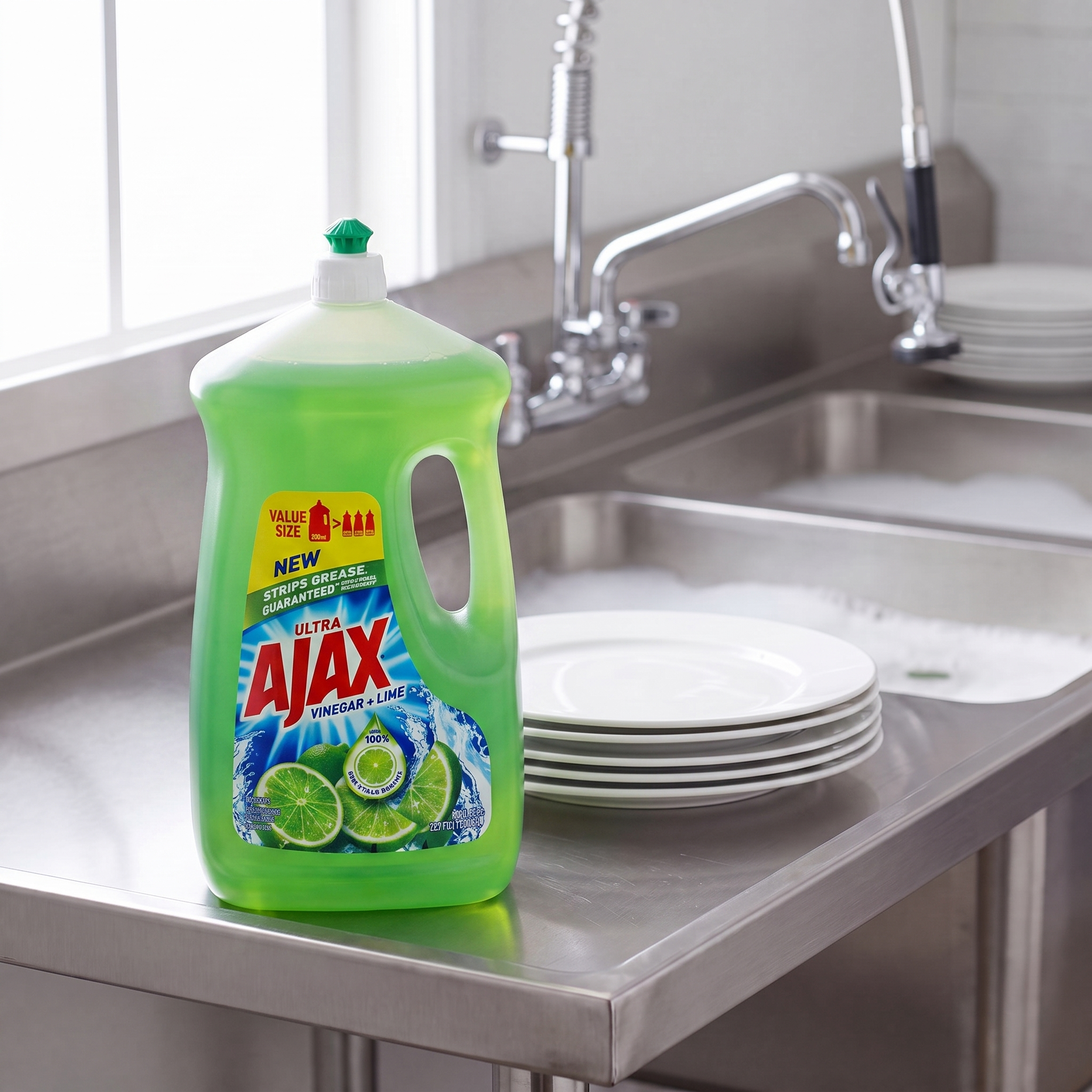 Ajax Vinegar and Lime dish liquid 90 oz. bottle on the drainboard of a stainless steel commercial kitchen sink