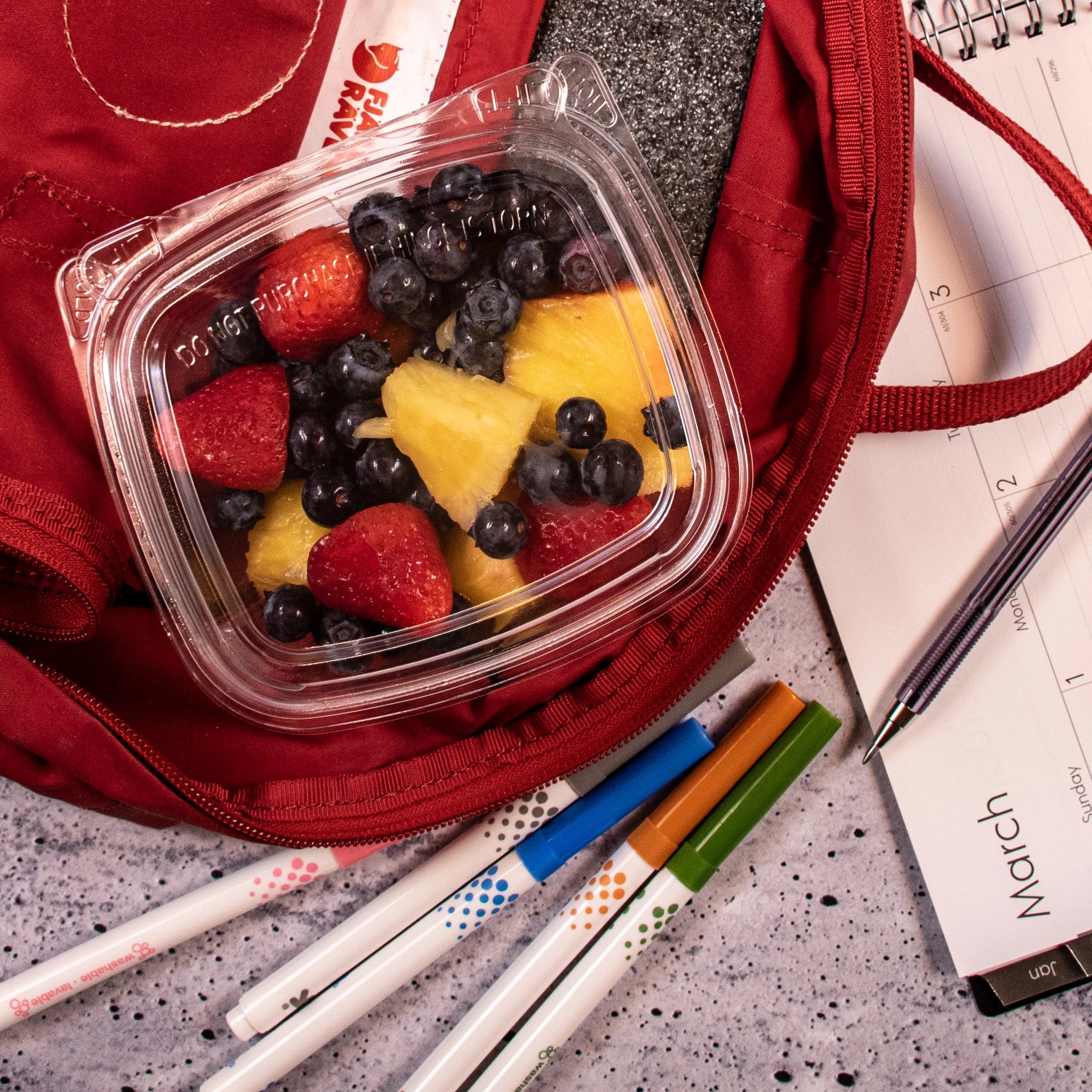 Dart CH12DED SafeSeal dome-lid container holding mixed fruit in a red backpack