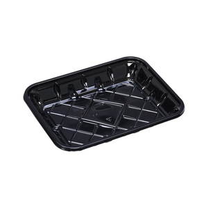 CKF 86515 #4P black PET plastic meat tray, 9.125 x 7 x 1.3125 inches, shown empty on a white background