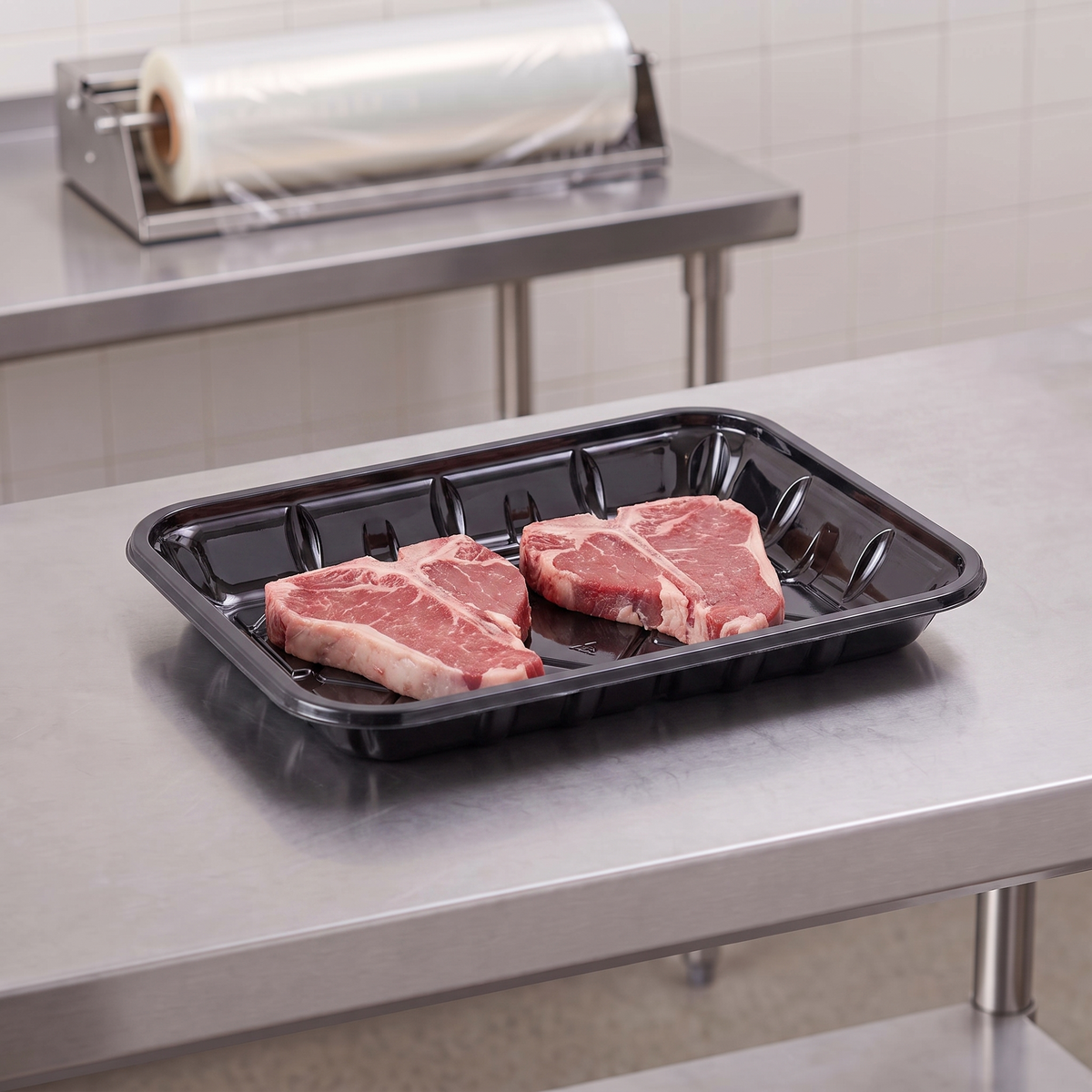 CKF 86515 #4P black PET plastic meat tray holding two raw T-bone steaks on a stainless steel table in a meat packing room