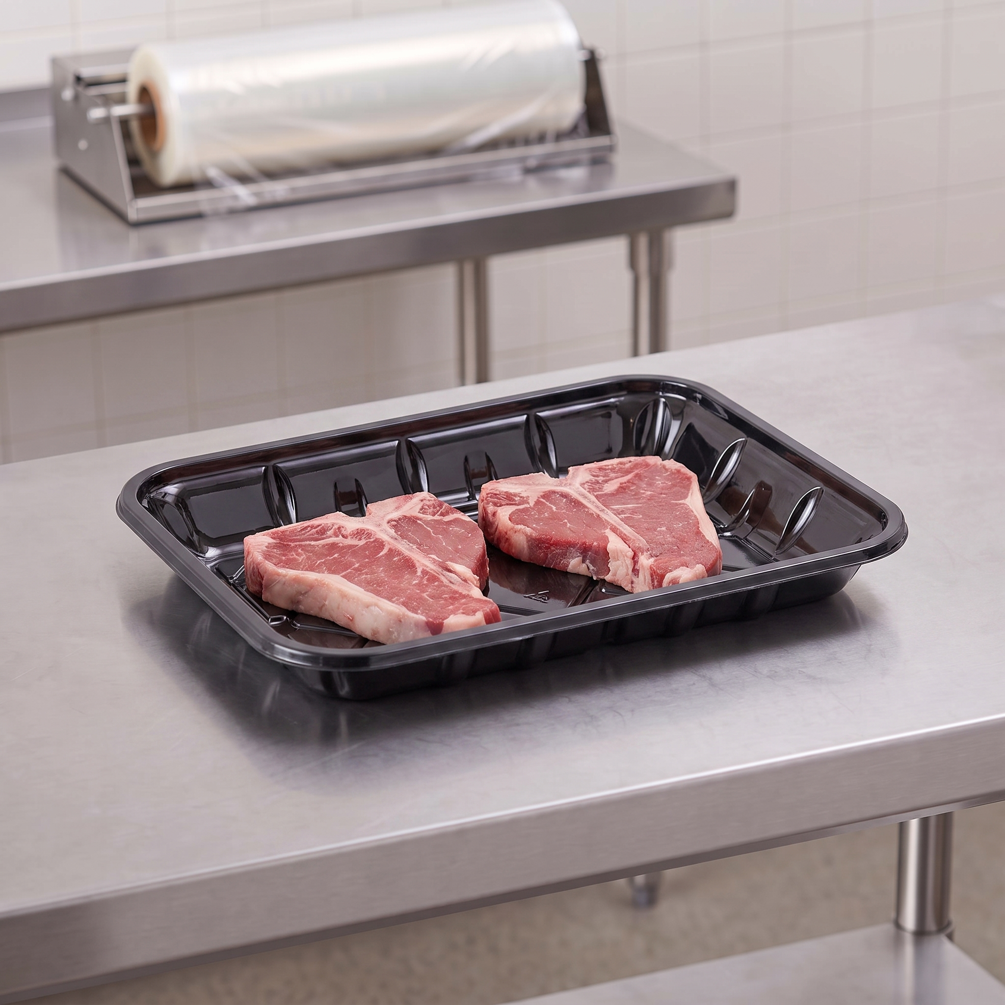 CKF 86515 #4P black PET plastic meat tray holding two raw T-bone steaks on a stainless steel table in a meat packing room