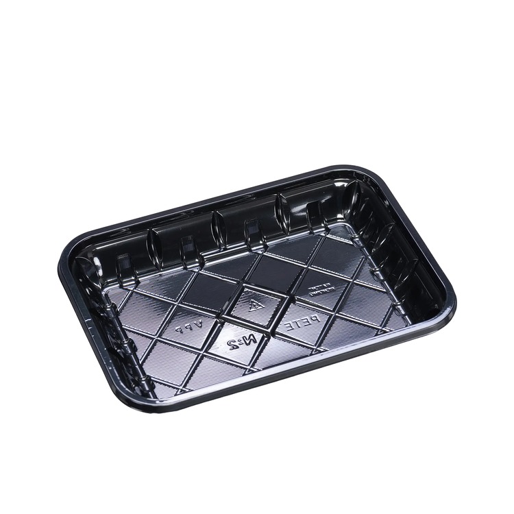 CKF 86562 #2 black PET plastic meat tray, 6 x 8.375 x 1.125 inches, shown empty on a white background