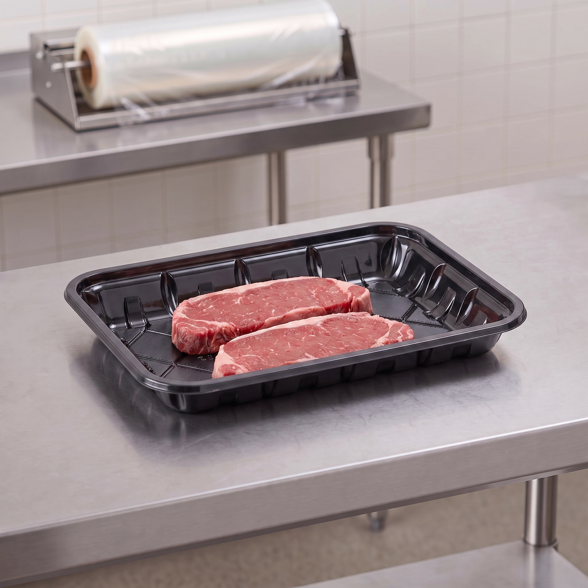 CKF 86562 #2 black PET plastic meat tray holding two raw beef strip steaks on a stainless steel table in a meat packing room