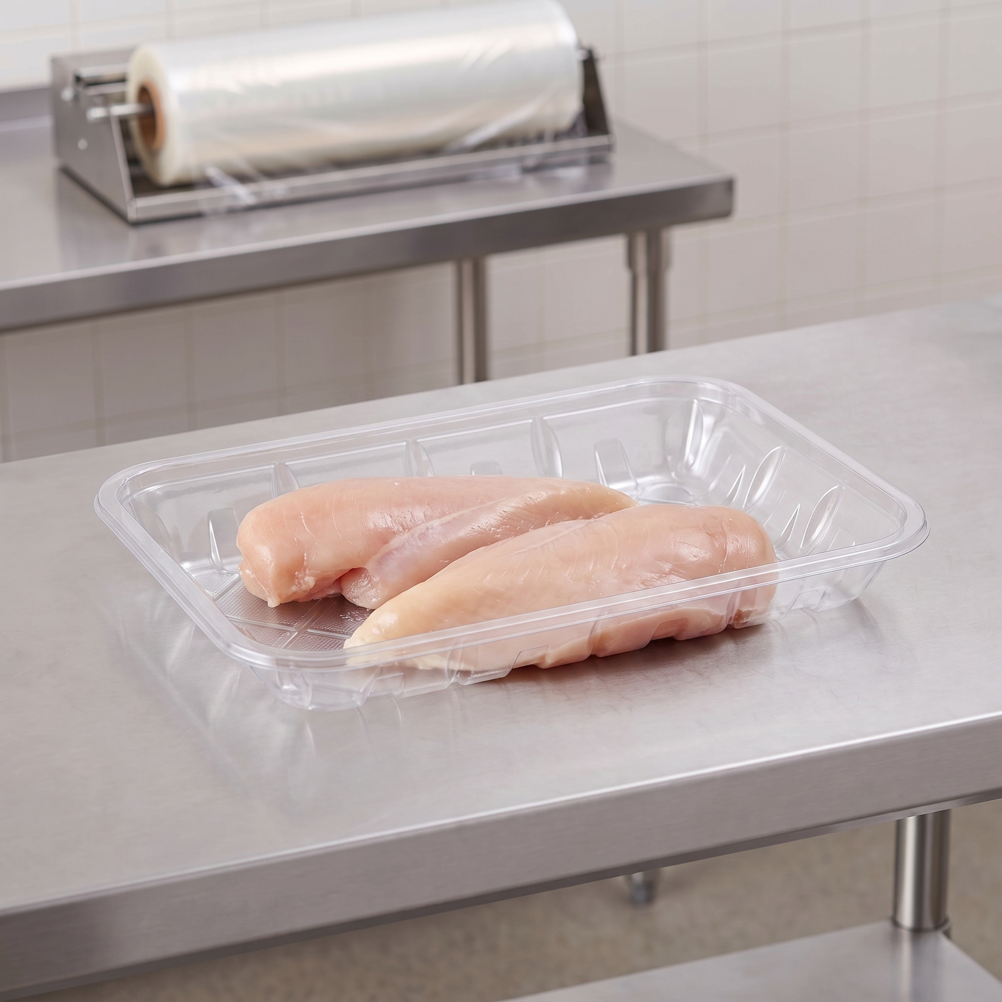 CKF 86601 #2 clear PET plastic meat tray holding two raw boneless chicken breasts on a stainless steel table in a meat packing room