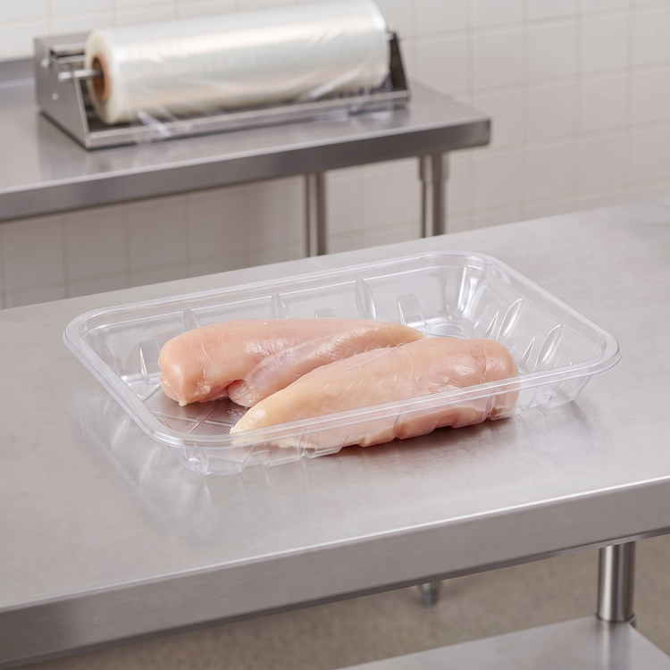 CKF 86601 #2 clear PET plastic meat tray holding two raw boneless chicken breasts on a stainless steel table in a meat packing room