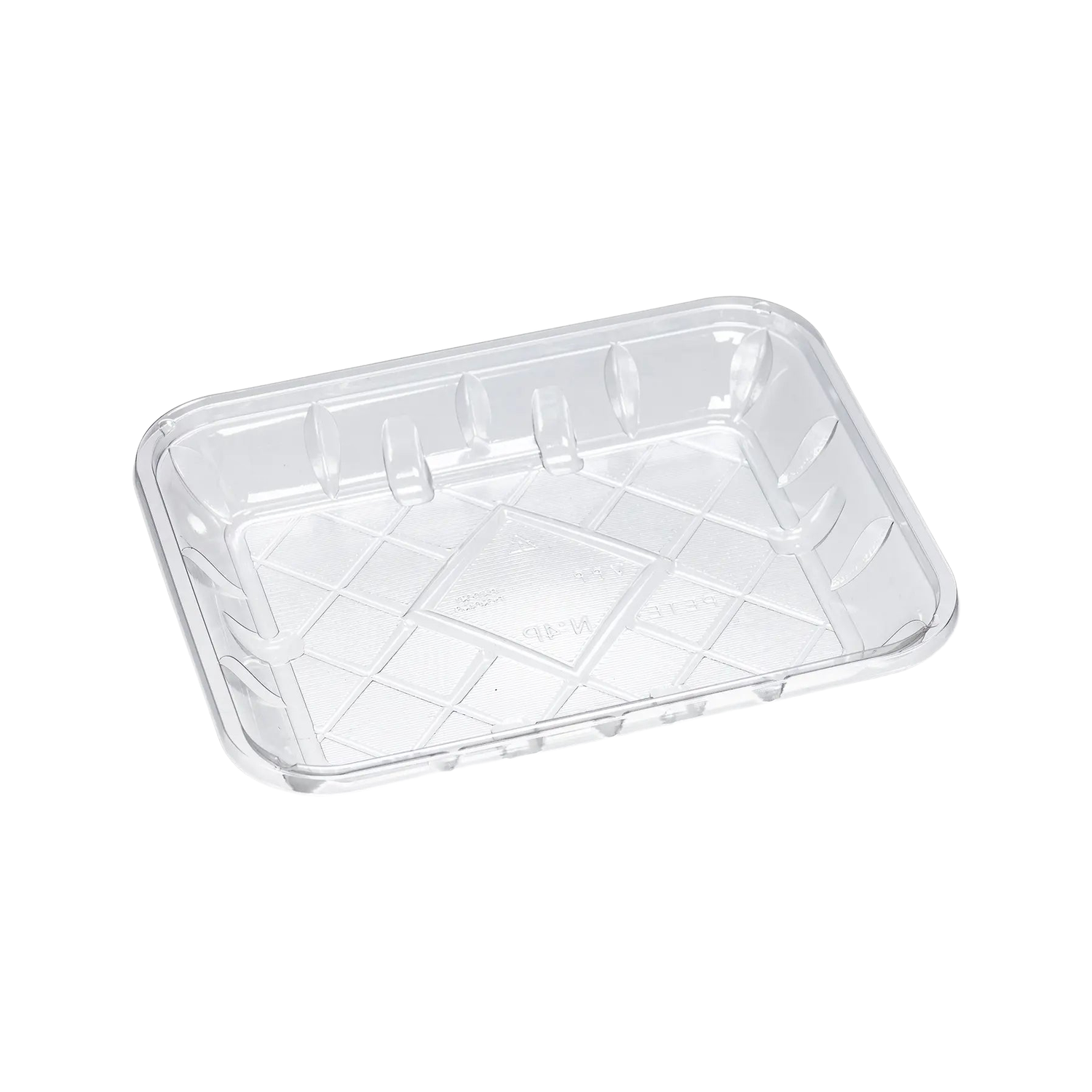 CKF 86605 #4P clear PET plastic meat tray, 9.125 x 7 x 1.3 inches, shown empty on a white background