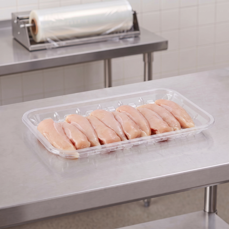 CKF 86625 #17S clear PET plastic meat tray holding raw chicken tenders on a stainless steel table in a meat packing room
