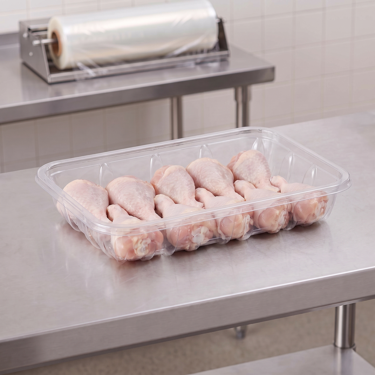 CKF 86631 #42P clear PET plastic meat tray holding raw chicken drumsticks on a stainless steel table in a meat packing room
