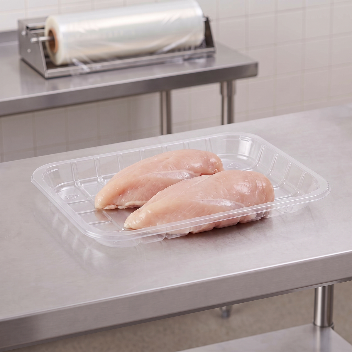 CKF 86668 #2S clear PET plastic meat tray holding two raw boneless chicken breasts on a stainless steel table in a meat packing room