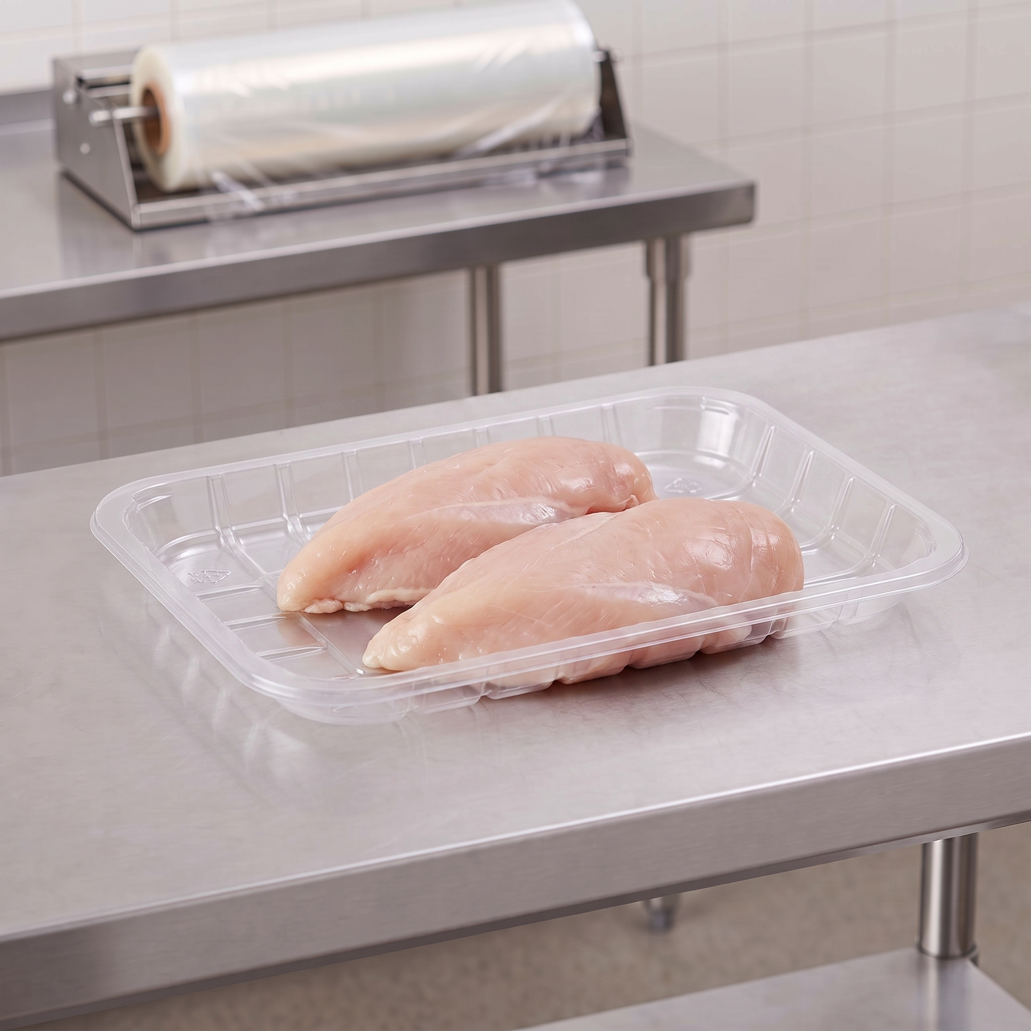 CKF 86668 #2S clear PET plastic meat tray holding two raw boneless chicken breasts on a stainless steel table in a meat packing room