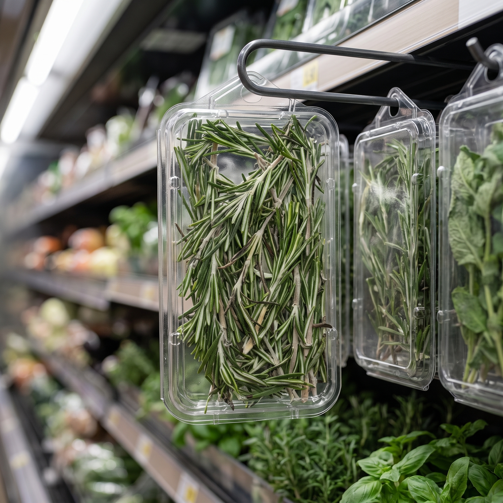 CKF 86669 clear 0.75 oz hook top clamshell herb pack filled with rosemary and hanging from a supermarket produce merchandiser rail