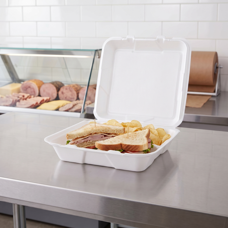 CKF 87518 FST-6 white foam hinged container open on a deli counter holding a club sandwich cut in half with potato chips