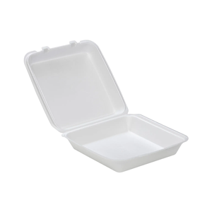 CKF 87518 FST-6 white foam hinged takeout container, one compartment, 9.4 x 10 x 3 inches, shown open on a white background